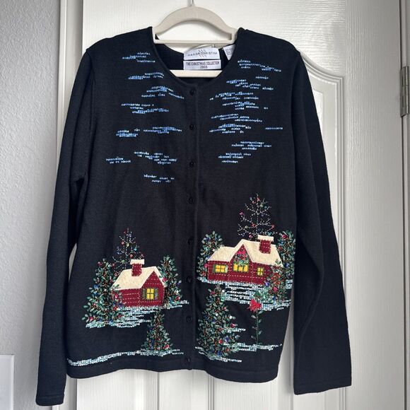 Vintage Marisa Christina Cardigan Sweater Christmas Collection 2003 Size L Black - Picture 1 of 7